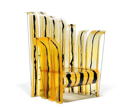 GAETANO PESCE (1939) ARMCHAIR, Model "Queen of Nobody", series "Nobody's Perfect", designed in  2003 for Zerodisegno Plastic with yellow/black decoration, and with black fabric covers. H 110 cm.
