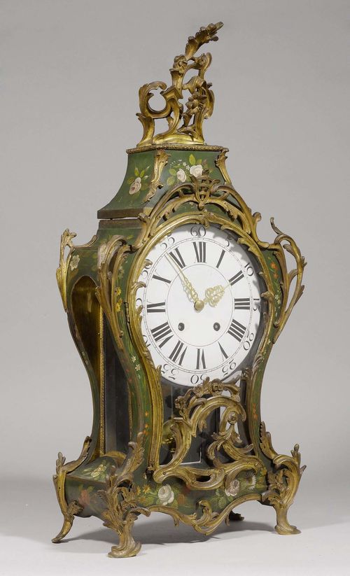 PAINTED CLOCK, Louis XV, Neuchâtel, 18th century. The movement signed J.H.MONS VEVEY. Wooden case, painted with flowers on a green background. White enamel dial with hours in Roman numerals and minutes in Arabic numerals. Movement with anchor escapement striking the 1/2-hour on bell. Later bronze mounts. Painted decoration later, the movement converted to anchor escapement, repaired. H 85 cm.