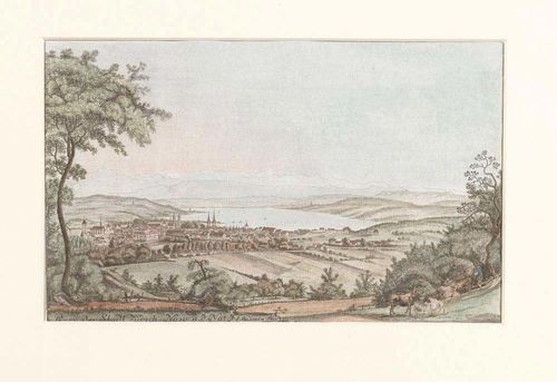 ZURICH.-Johann Jakob Aschmann (1747-1809). Prosp. der Stadt Zürich. No. 10. n.d.N. J.Aschman fecit. Coloured outline etching. 17.8 x 28.5 cm. Framed. – Uncut exemplar in outstanding condition.