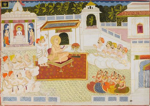 A LARGE MINIATURE PAINTING OF A JAIN TEMPLE WITH WORSHIPPERS. India, Jaipur, around 1850, 43x62 cm. Small restoration.