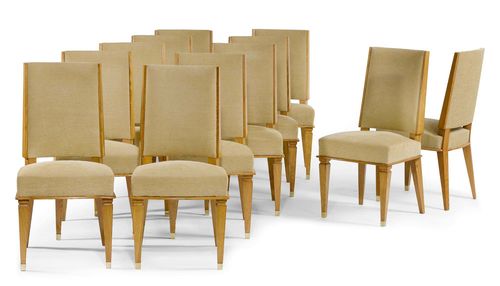 JACQUES ADNET (1900 - 1984) SET OF 12 CHAIRS Ash and beige fabric.