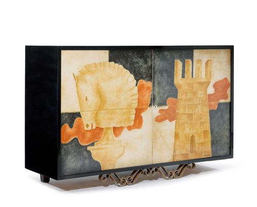 PHILIPPE CORTEYN SIDEBOARD, c. 1950 Black lacquered wood, wrought iron and polychrome painted parchment. Signed Ph. Corteyn. 149 x 48 x 95 cm.