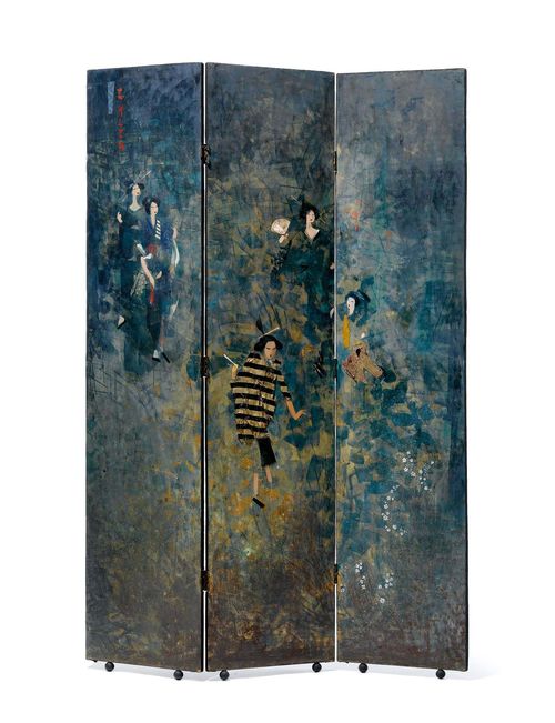 EUGENE KLEMENTIEFF (1901) SCREEN, c. 1965 Mixed media and collage on wood. Signed E. KLEM. Three wings, each 180 x 40 cm.