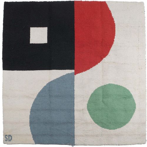 SONIA DELAUNAY (1885 - 1979) WALL HANGING, model "Bielfeld" c. 1967/68 for Manufacture Jacques Damase, Paris Red, black, grey, green and beige wool, alpujarra  technique. From an edition of 20. Monogrammed lower left. 185 x 185 cm.