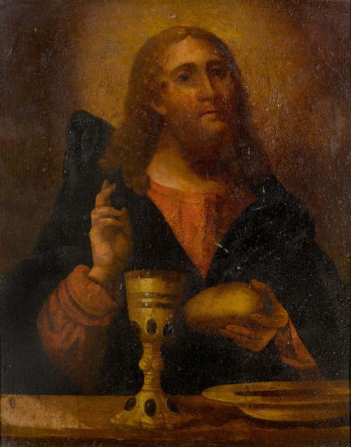 Attributed to CALETTI, GIUSEPPE (Ferrara circa 1600 - circa 1660) Christ giving his blessing, with wine, bread and cup. In the style of a Byzantine icon in a gilt brass setting. Oil on panel. 31.4 x 25.4 cm. Provenance: De Loriol collection, Switzerland.