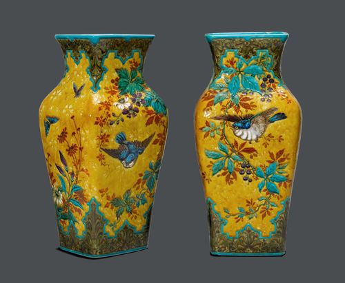 THEODORE DECK (1823-1891) PAIR OF VASES, circa 1890 Colourful, painted ceramics, decorated with flowers, insects and birds. Some minor chips. Signed TH. DECK. H 48 cm.
