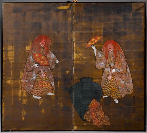 A TWO-PART FOLDING SCREEN WITH A NOH THEATRE SCENE. Japan, dated 1960, 170x 90 cm (per panel). Ink and colours on paper. Dated Shôwa 36 shoka (early summer). Signed Seikyô ga with seal. Browned and damaged on the back.