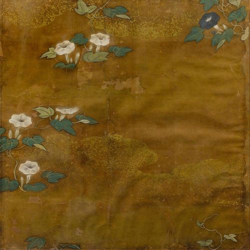 A FRAGMENT OF AFOLDING SCREEN. Japan, 19th c. 88x88 cm. Ink and colours on paper with kirikane. Framed under glass. Browned and restored.