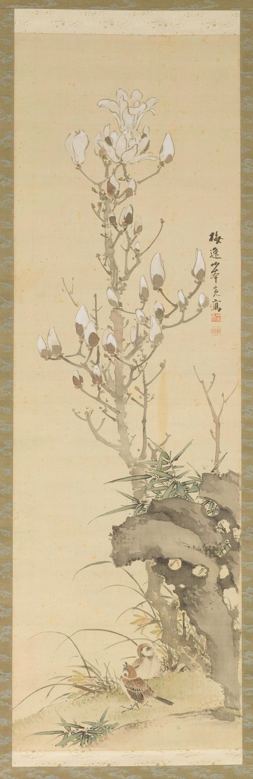 BAIITSU YAMAMOTO (1783-1856), attributed. Japan, 19th c. 101x32 cm and 120x27.5 cm. Two hanging scrolls, brocade mountings. Ink and colours on paper. a) Budding magnolia behind a rock. Signed Baiitsu Yamamoto with Meikei seal. Labeled wooden box. b) Two birds on a branch. Signed Baiitsu with seal. Wooden box. (2)