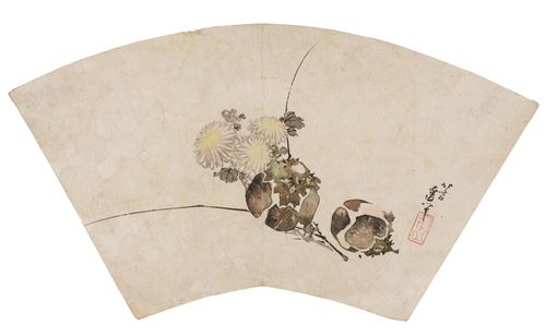 A FAN FRAGMENT. Japan, 16x31.5 cm. Ink and colours with traces of mica on paper. Signed "Hokusai aratame iitsu hitsu" with "hitori ningyô" seal. Doubled, cropped and rubbed.