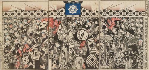 UTAGAWA KUNISADA I (TOYOKUNI III) (1786-1865). Ôban. A triptych with many Kabuki actors grouped around Ichikawa Danjûrô and Onoe Eizaburô in the style of Banzuke. Signed: Ôju Yamato eshi Utagawa Kunisada hitsu. Doubled, minor damage. (3)