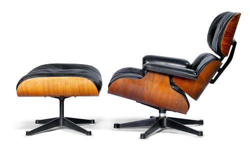 RAY & CHARLES EAMES (1907 - 1978) (1912 - 1988) LOUNGE CHAIR WITH OTTOMAN, "670" and "671" model, designed in 1956 for Herman Miller. Laminated wood, veneered with tulipwood, and black leather. Early version prior to 1970. Bottom with transparent label.