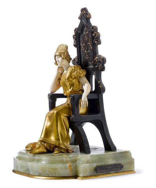 DOMINIQUE ALONZO, SCULPTURE, 1908. Bronze and ivory. Green onyx base. Young princess on a throne. Signed D. Alonzo. H 28.5 cm. The base with small restorations.