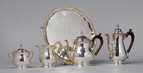 COFFEE AND TEA SERVICE WITH ASSOCIATED FOOTED TRAY,