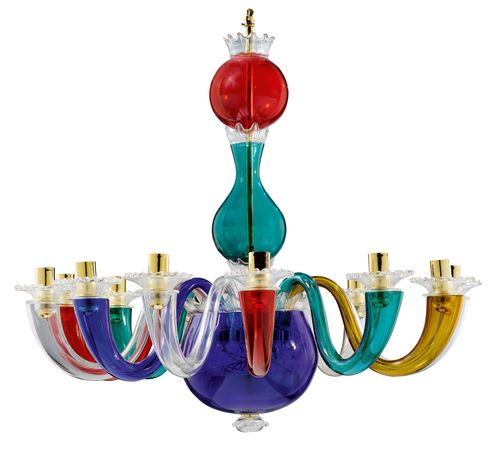GIO PONTI (1891-1979) CHANDELIER, designed in 1946 for Venini. Polychrome, transparent glass. 12 light branches, D 77, H 69 cm. Produced ca. 1980.