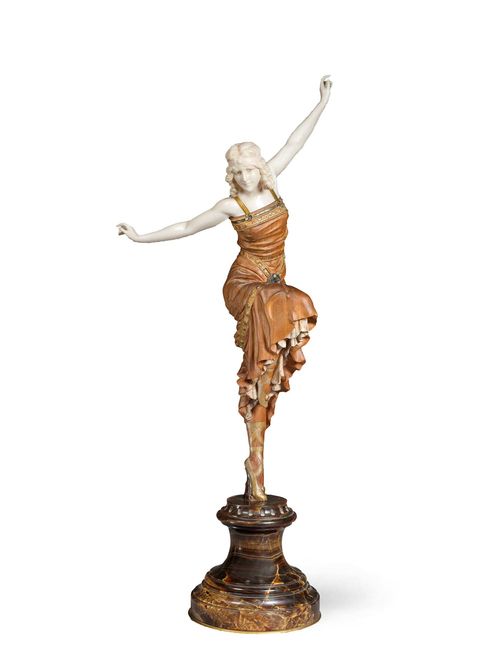 PAUL PHILIPPE (1870 - 1930), SCULPTURE, "Russian Dancer", circa 1925. Carved wood and ivory. Brown marble base. Signed  P. Philippe. H 62 cm.