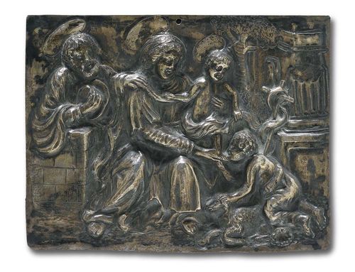 SILVER PLAQUE, Renaissance, Southern Italy, 1st half 17th century. Chased, embossed and engraved silver. Depicting The Holy Family with John. H 11 cm; W. 14.5 cm.