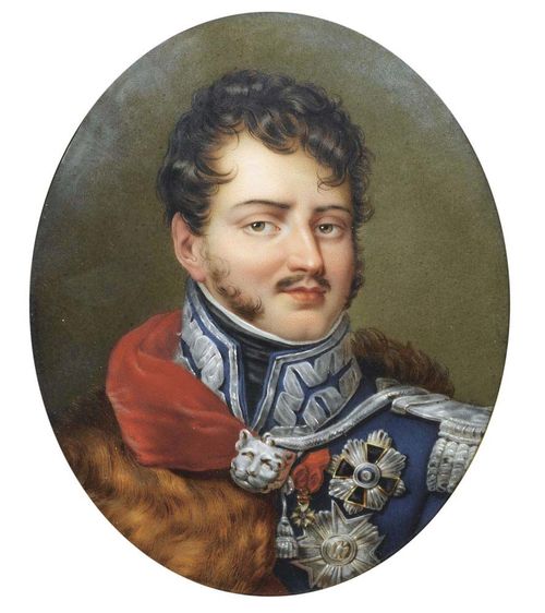France, circa 1810. Signed Sophie Liénard. Oil on porcelain Portrait of Prince Jozef Antoni Poniatowski ( 7. May 1763 in Vienna -  19. October 1813 in Leipzig).  14.4x11.6 cm. In gilt frame.