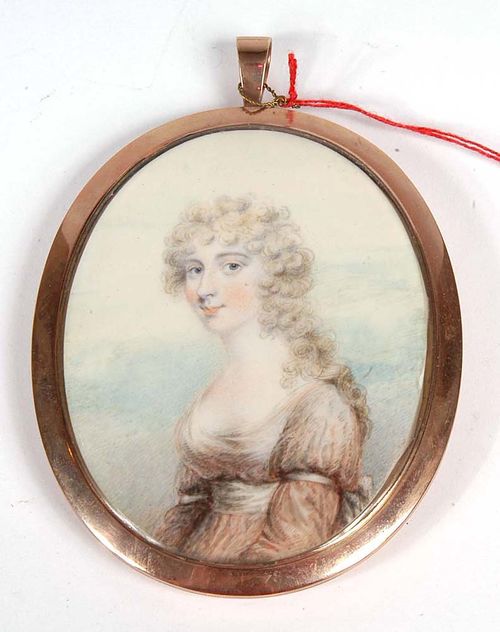 England circa 1792-95. John Downman (1750-1824) attributed. Mixed media on ivory. Depicting Sarah Hussey Delaval, wife of George 2nd Earl of Tyrconnel.  8.9x6.9 cm. In gold ring.