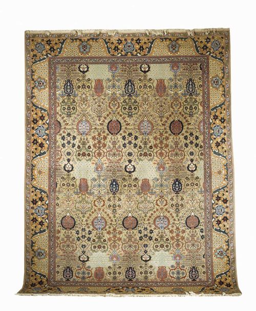 TABRIZ old. Beige central field, patterned with vases and floral motifs, yellow border. Good condition.  386x296 cm.