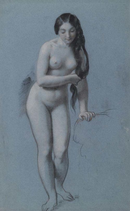 BOILLY, JULIEN-LEOPOLD the Younger (1796 Paris 1874), attributed. Female standing nude. Chalk drawing on blue paper Papier. 42 x 26 cm (image). Signed with pencil on back: Boilly the Younger. Framed. - Estate of Kurt Meissner Zurich.