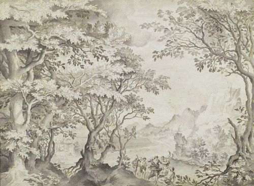 FLEMISH.- 1700's. Dancing figures in a landscape. Pen and ink drawing in brown, with grey wash. 36 x 50 cm. Framed. - Estate of Kurt Meissner Zurich.
