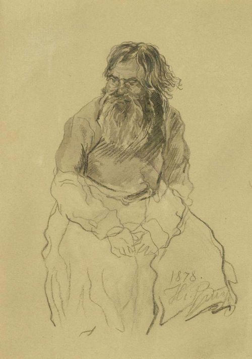 REPIN, ILIA (Tchougoujev 1844 - 1930 Kuolekola). Old man, seated. Charcoal drawing, partial grey wash. 23 x 17.2 cm. Signed and dated bottom right: 1878. - Estate of Kurt Meissner Zurich. 23 x 17,2 cm.