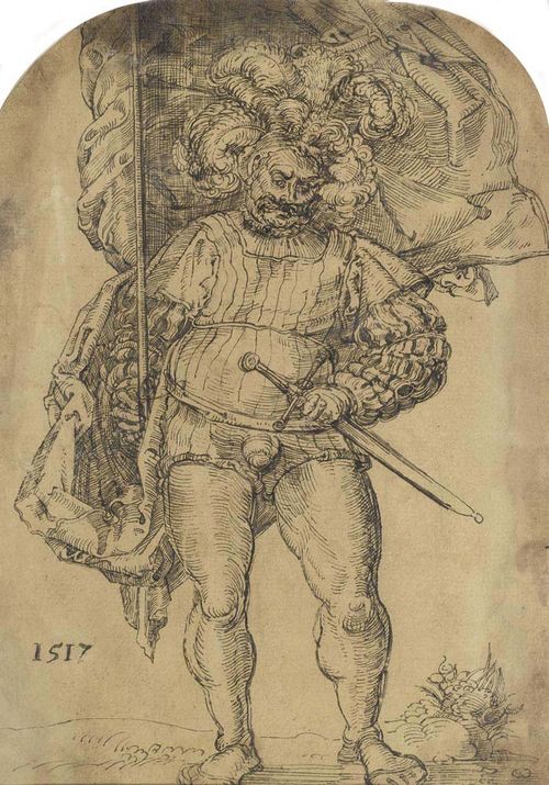 SWITZERLAND.- Anonymous, 16th Century warrior. Pen and ink drawing in black. 29.7 x 20.3 cm (rounded on top). Dated bottom left: 1517. Framed. - Origin.: Collection of Nathaniel Hone. - Estate of Kurt Meissner Zurich.