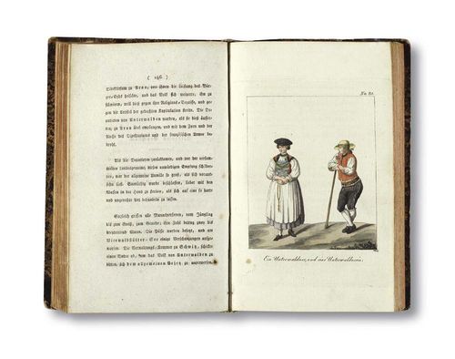 HELVETICUM. - Reichard, H. A. O. Picturesque travel through a larger part of Switzerland before and after the revolution. Jena, Seidler,1805. 8vo. 16, 414 pages, [1 illustration]. With engraved title and frontispiece and 53 (4 contemporary copper etchings) engraved plates, 1 engraved panorama and 2 insertions with notes. Contemporary half-leather with gold embossed spine and spine damage (somewhat rubbed and worn) Lonchamp 2425 First edition.- One of the nicest guidebooks for Switzerland, richly illustrated with views and costumes, composed by Gothaer Library inspector Heinrich August Ottokar Reichard. - Some foxing and browning, otherwise nice and complete specimen.