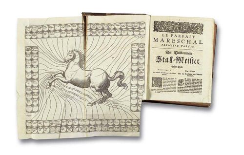 HORSE RIDING. - Solleysel, J. de. Der Vollkommene Stall-Meister, Welcher lehret, Die Schönheit, die Güte und Mängel der Pferd zuerkennen: und die zeichen und ursachen ihrer Kranckheiten, die mittel denselben vorzukommen...Sampt einem Tractat von der Stutterey, wie man schöne Fohlen aufferziehen möge.... 2 parts in 2 volumes. Geneva, Chouet, Tournes and others, 1706. 4to. [14] illustrations, 708 pages; [2] illustrations., 556 pages. With French-German double titles, engraved frontispiece, 1 multi-folded engraved plate and numerous wood engravings. Contemporary leather with gold embossed spine and coat of arms (Signs of ageing and worming). Graesse VI, 433. Cf. Lipperheide Tc 30 for the 2. Edition. 1677.- First printing of this Genevan French-German synchronous edition. Complete. - Some browning throughout and occasional light foxing and water marks, the large folding plate of the book is torn and has browning.