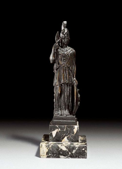 SCULPTURE OF MINERVA, after the antique, probably German. Burnished bronze and black-pink speckled marble. H 32.5 cm. Provenance: Zurich Private collection.