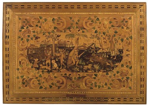PANEL, Baroque, German, 18th century Walnut, cherry and local fruitwoods, partly dyed, very finely inlaid with oval cartouche with depiction of idealised wooded landscape framed by flowers and frieze, terminating with fine fillets. H 44 cm, W 59 cm. Provenance: Castle collection, South Germany.
