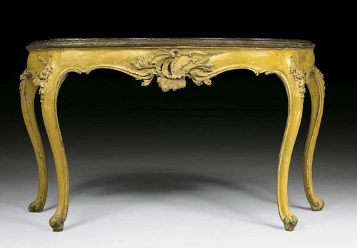 PAINTED CONSOLE, Louis XV, Venice, 18th century Pierced and richly carved wood, later painted in gold and yellow. With green/grey painted top "en faux marbre". 137x64x84 cm.
