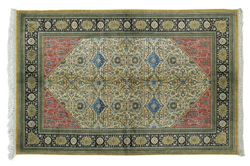GHOM silk. Yellow central field with red corners, finely decorated with stylised plant motifs, black border. Good condition.210x136 cm.