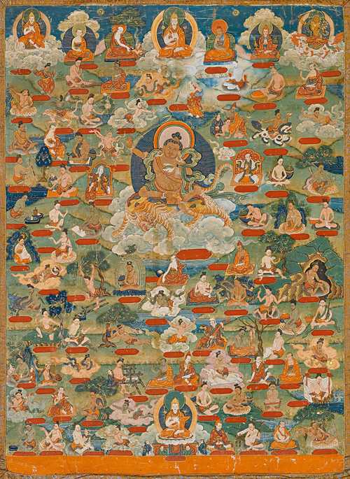 A THANKA OF THE FIVE VISIONS OF TSONGKHAPA AS THEY APPEARED TO HIS DISCIPLE.
