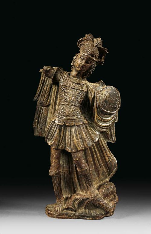 FIGURE OF THE ARCHANGEL MICHAEL, Naples, 18th century Alabaster with remains of gilding and pigment. H 21 cm.