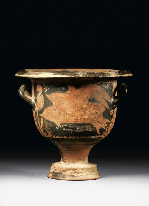 CRATER VASE, Apulia, probably 4. century BC Orange-red clay with black varnish; painted with figural scenes and dolphins. Some chips and restorations. H 26 cm. Provenance: - Acquired in the 1960s in Zürich. - Private collection, Zürich.