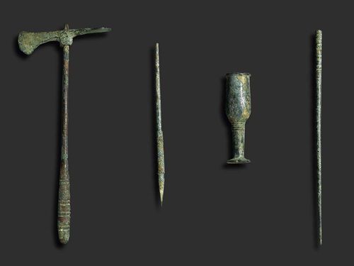 LOT OF 4 TOOLS, Iran, in the style of the 8/7 century BC Bronze. 7.5-18 cm.