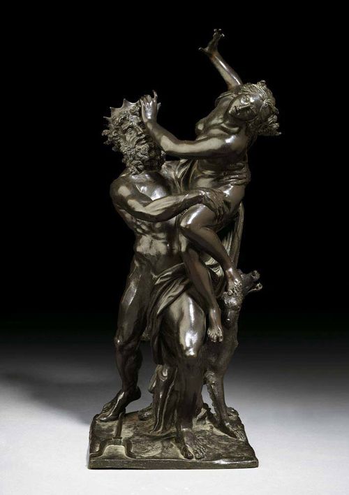 BRONZE GROUP, modelled after the antique, probably Rome, 19th century Hades abducting Persephone, with Kerberos behind him. Set on plaque. Some losses. H 70 cm. Provenance: from a European collection