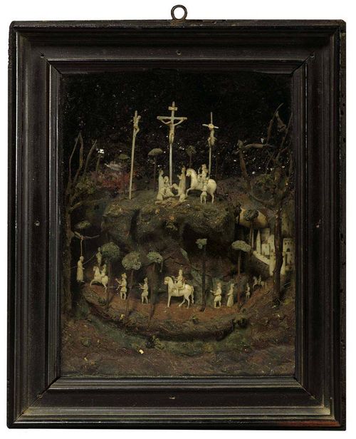 MONASTERY WORK, Baroque, probably Naples, 18th century Bone, stone and wood three dimensional depiction of the mountain Golgotha with Christ crucified in fine figural group. Set in ebonised wooden frame with glazing. H 16 cm, W 12 cm. Provenance: Private collection, Basel.