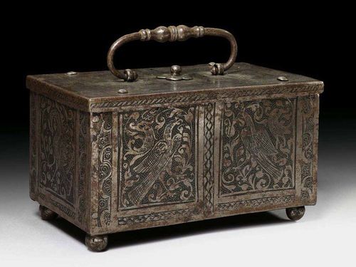 SMALL IRON CASKET, Renaissance, probably Nuremberg, 16th century Etched and finely engraved iron with fantastic birds, flowers, leaves and frieze. With finely engraved iron lock. 21x13x12 cm. Provenance: Private collection, Basel.