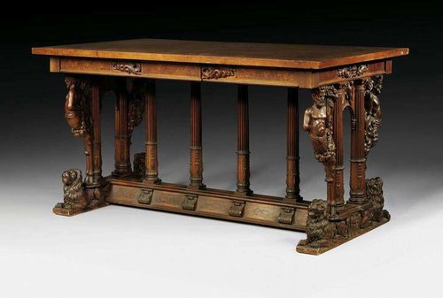 RENAISSANCE STYLE CENTRE TABLE "AUX LIONS", Partly from old elements, after designs by J. ANDROUET DU CERCEAU (1515-1585), France. Richly carved walnut with caryatids, lions, cartouches and frieze. Requires some restoration. 143x84x76 cm.