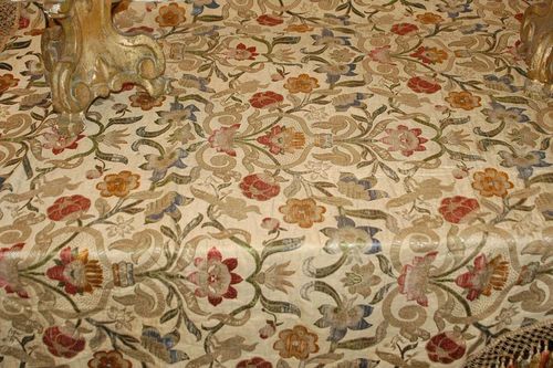 SILK EMBROIDERY, late Baroque, Italy 18/19th century Bright flowers and leaves on beige ground. 170x110 cm. Provenance: Private collection, Zurich