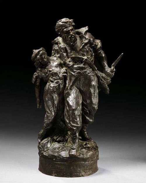 BRONZE GROUP, France, dated 1874. Standing Porthos supporting a young female sailor. Inscribed and dated PORTHOS ET LE PETIT MARIN, PARIS 24. MAY 1874. H 39 cm.