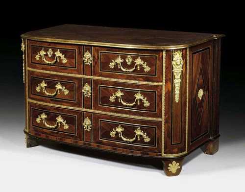 CHEST OF DRAWERS, Régence, from a Paris master workshop, circa 1710/30. Ebony and amaranth in veneer and inlaid with fine brass fillets and bands. The rectangular top edged in bronze with rounded front corners and salient back corners, 3 drawers, the top drawer divided into two, with exceptionally fine matte and polished gilt bronze mounts and applications. 135x65x80 cm. Provenance: from a French collection.