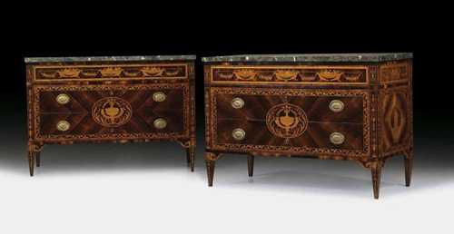 PAIR OF CHESTS OF DRAWERS, Louis XVI, attributed to I. AND L. REVELLI (Ignazio Revelli, 1756-1836, and son Luigi, 1776-1858) Lombardy, circa 1790/1800. Walnut, rosewood and fine exotic precious woods in veneer and finely inlaid on all sides with depictions of vases, bowls of fruits, birds, garlands, figures, fillets and frieze. With 3 drawers, the bottom two drawers being sans traverse, with fine brass mounts and drop handles and "Vert de Mer" top. 126x60x88 cm. Provenance: from a Roman collection.