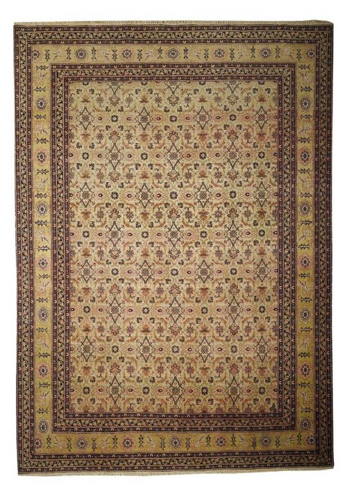 TABRIZ old. Light green central field, patterned throughout with stylised floral motifs in old rose, light green border, good condition, 330x235 cm.