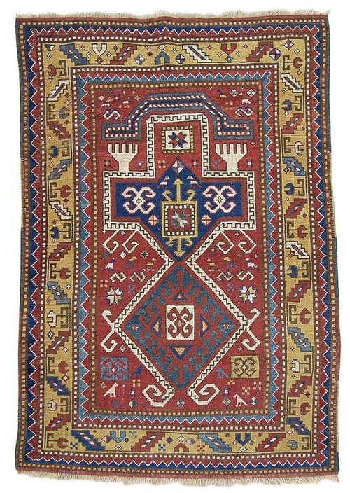 FACHRALO PRAYER antique. Red ground, geometrically patterned in white, blue and green, yellow border, good condition, restored, 175x102 cm.
