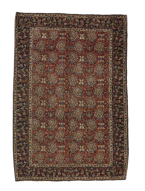 KESHAN KORK, antique. Red central field with boteh motifs and plants, blue border, good condition, 200x140 cm.