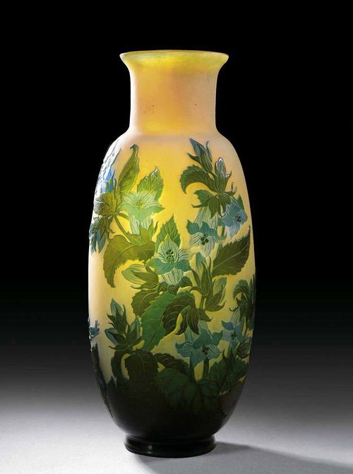 VASE, Gallé. Yellow glass with double overlay in blue and green, etched with bluebells. Signed Gallé, H. 31 cm.